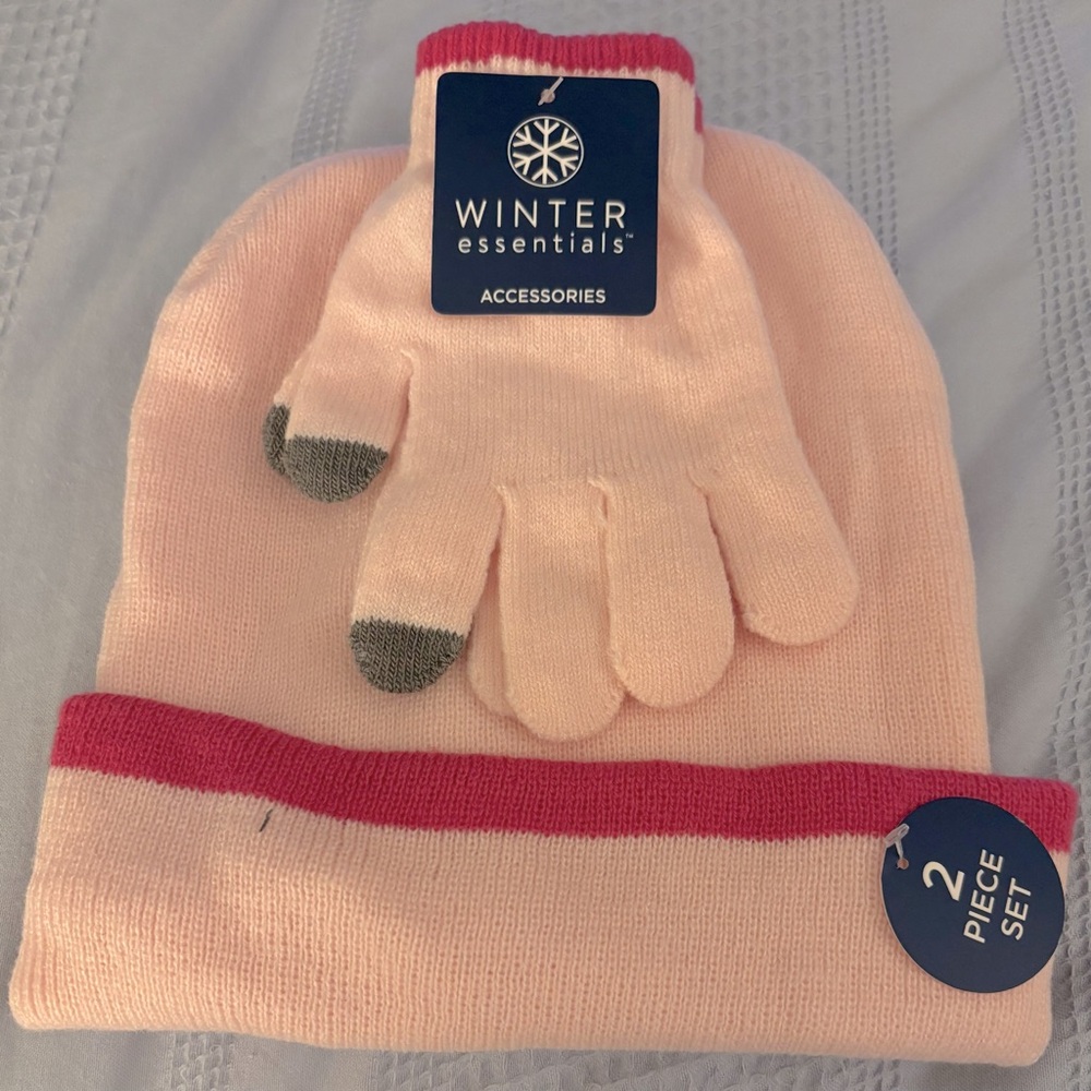 Winter Essentialals kids pink hat and gloves